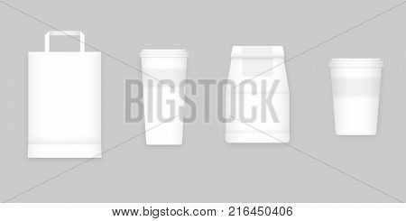 Coffee to go white blank mockups isolated on gray background vector illustration. Small and big take away coffee cups, to go mockup cappuccino cups, paper bags. Mockup coffee to go, graphic design elements for coffee shop.