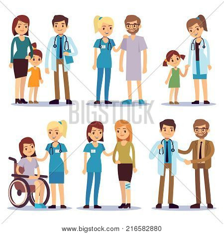 Medical staff with patients. Nurses and doctors with sick person vector cartoon characters set. Illustration of medical doctor and patient cartoon, nurse and people