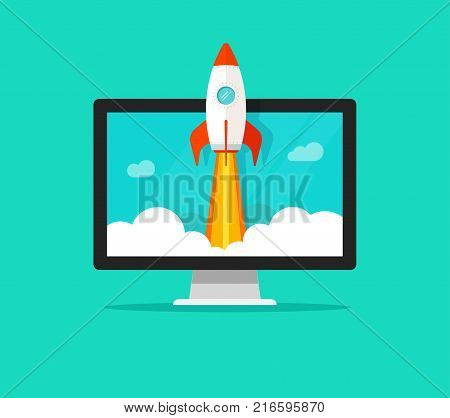 Startup vector concept, flat cartoon style quick rocket launch and computer or desktop pc, idea of successful business project start up, boost technology, innovation strategy