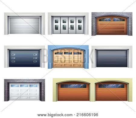 Set of realistic garage doors from various material with mechanical or automatic control system isolated vector illustration