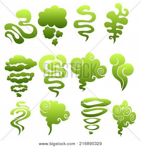 Cartoon stinky smell bubbles, water vapor and stench aroma streams vector set. Aroma smoke stream, odour toxic green illustration on white background