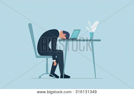 Professional Burnout Syndrome. Exhausted Sick Tired Male Manager In Office Sad Boring Sitting With H