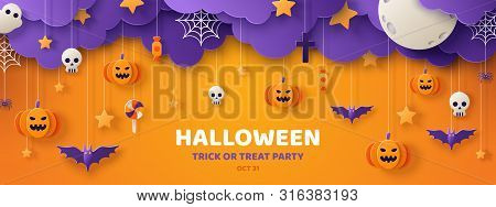 Happy Halloween Banner Or Party Invitation Background With Clouds, Bats And Pumpkins In Paper Cut St