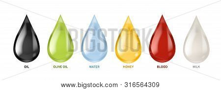 Different Liquids Drops. Colorful Droplets Of Oil, Honey And Milk, Water. Petrol And Blood Falling D