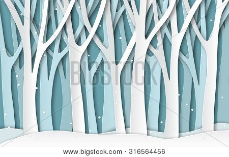 Paper Winter Forest. White Frozen Trees Silhouettes, Christmas Season Natural Paper Cut Landscape. 3