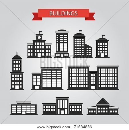 Set of flat design buildings pictograms