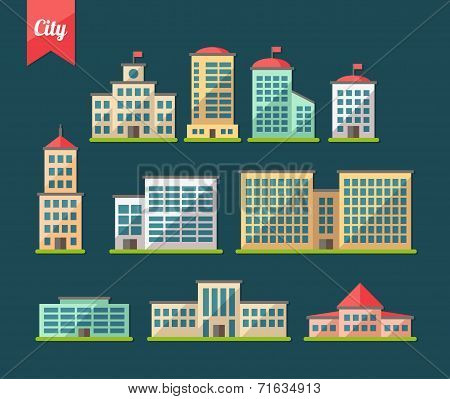 Set of flat design buildings icons