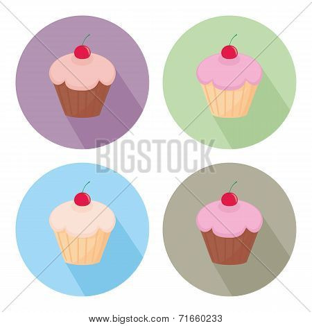 Sweet cherry vector cupcake flat icon set isolated on white background