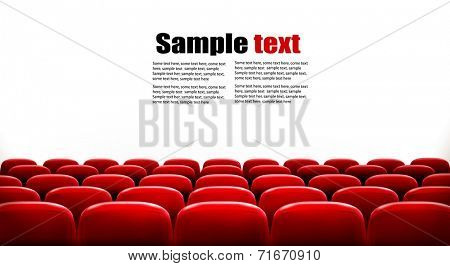 Rows of red cinema or theater seats in front of white blank screen with sample text space. Vector.