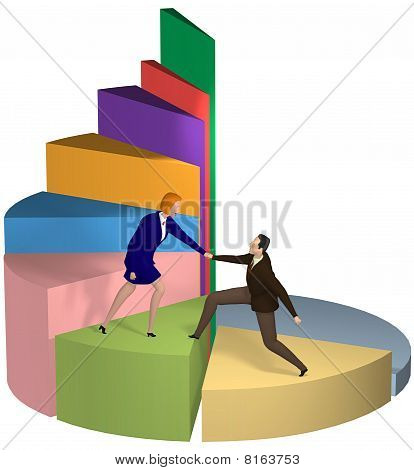 Business Woman Helping Hand Businessman Up Pie Chart