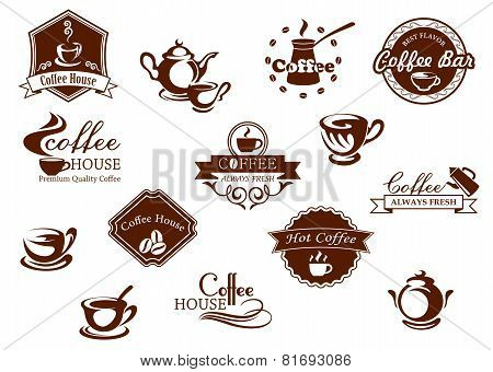 Coffee icons, banners and logos in brown