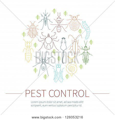 Pest control line icon set with place for text. Insects and rodents symbols. Linear design elements can be used by exterminator service and pest control companies. Isolated vector illustration.