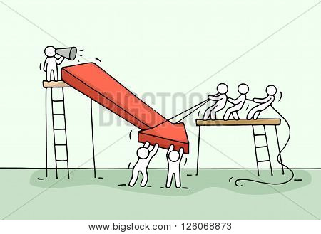 Sketch of working little people with arrow down teamwork. Doodle cute miniature arrow and prepare out of the crisis. Hand drawn cartoon vector illustration for business design and infographic.