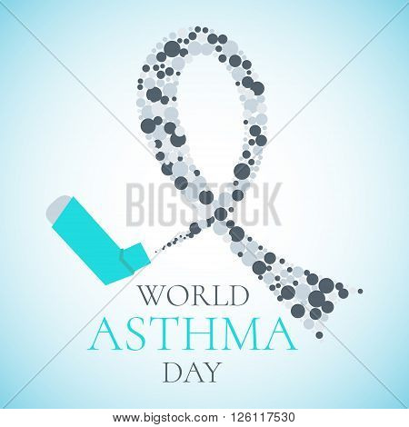 World Asthma Day concept with a spray inhaler and a grey ribbon. Bronchial asthma awareness sign. National asthma day. Asthma solidarity day. Vector illustration.