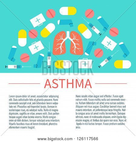 Asthma infographic design template with place for text. Asthma treatment symbols-inhalers, pills, syringes and first aid boxes. Asthma awareness sign. Vector illustration.