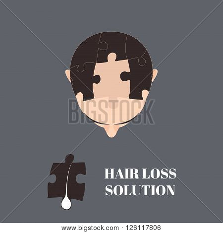 Top view portrait of a man with hair puzzle elements. Jigsaw puzzle hair loss solution. Solving hair loss problem concept. Hair transplantation. Perfect design for hair clinics or diagnostic centres.