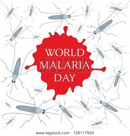 World Malaria Day concept with mosquitoes and drop of blood. Mosquito warning. Malaria awareness sign. Malaria transmission. National malaria day. Malaria solidarity day. Vector illustration.