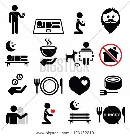 Homeless, poverty, man begging for money icons set