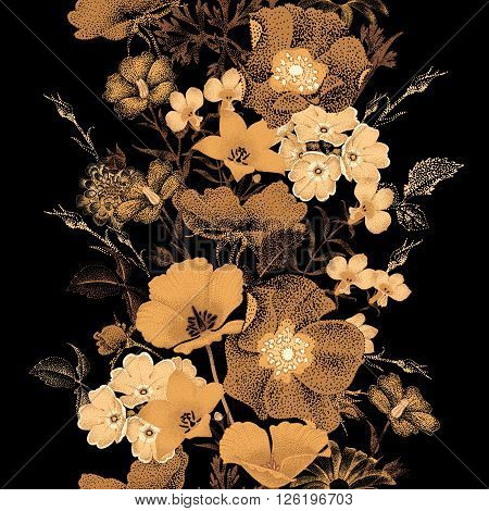 Seamless vector pattern of garden flowers in style of Chinese lacquer miniature. Flowers gold color on black background. Vintage. Design of flowers - oriental style. Flowers roses bluebells daisies.