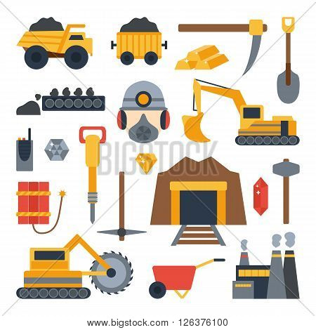 Vector illustration with mining icons. Cute cartoon mining objects. Industrial mining equipment metallurgy factory. Coal mining icons. Mineral diamond gold factory. Mining tools and machinery