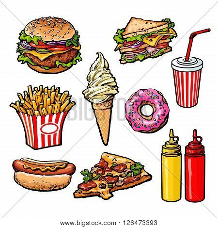 set fast food meal, vector sketch hand-drawn elements of fast food, ice cream burger, sandwich, soda lemonade, ponchos, pizza hot dog french fries, sauces, ketchup and mustard, fast food ready icons