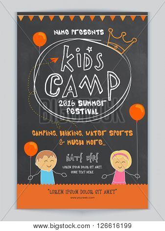 Kids Camp, Summer Festival celebration Template, Banner or Flyer design with illustration of cute kids and party details.