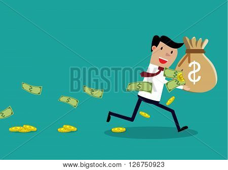 Careless Businessman Carrying a Torn Money Bag. Financial Loss Concept. Businessman losing money. vector illustration in flat design on green background