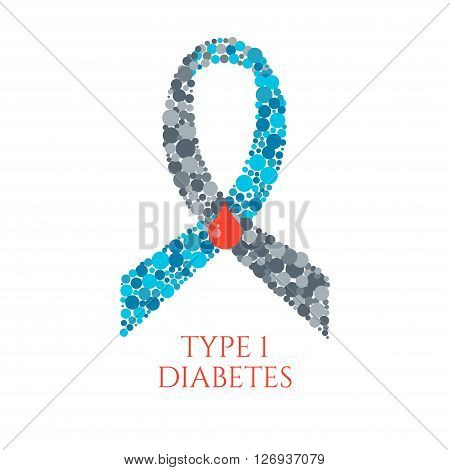 Diabetes Type 1 awareness symbol. Blue and grey ribbon made of circles with a drop of blood on white background. Diabetes symbol. Diabetes type one sign. Vector illustration.