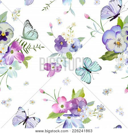 Floral Seamless Pattern With Blooming Flowers And Flying Butterflies. Watercolor Nature Background F