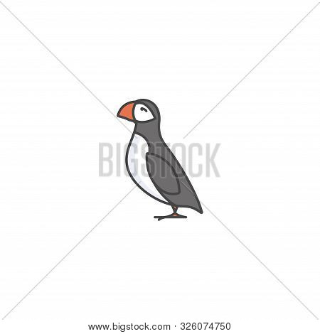 Vector Linear Icon Design Puffin Bird On White Background. Puffin Colorful Emblems Or Badges.