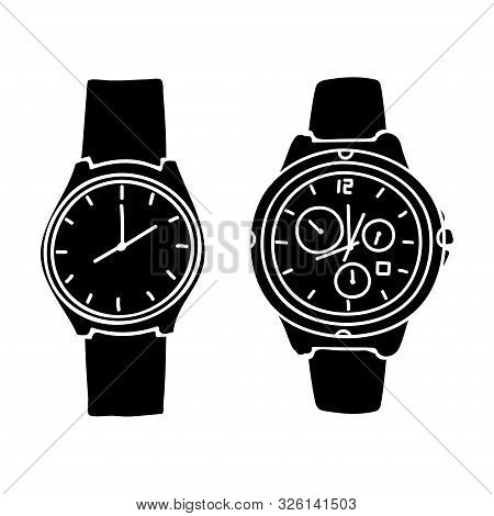 Silhouette Design Wristwatch Collection Isolated White Background. Watch Icon Isolated On White Back