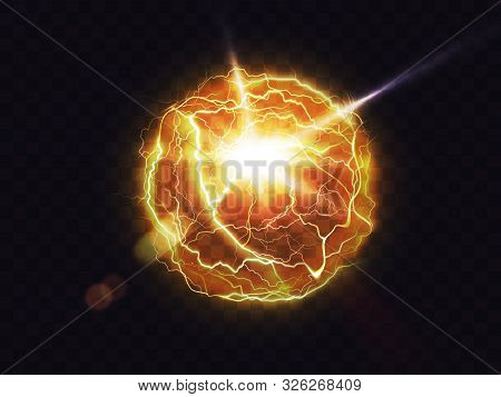 Electric Ball, Lightning Fireball, Strike Impact Place, Plasma Sphere In Yellow Color Isolated On Da