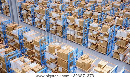 Warehouse With Cardboard Boxes Inside On Pallets Racks, Logistic Center. Huge, Large Modern Warehous