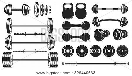 Gym Equipment Silhouette. Fitness Sport, Heavy Weight Barbell And Vintage Bodybuilding Stencil. Well