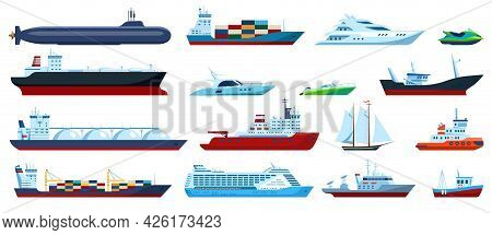 Flat Sea Boats. Cruise, Cargo Ship, Yacht, Sailboat, Tugboat, Motorboat, Submarine, Fishing Boat. Oc