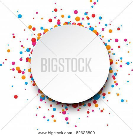 Colorful celebration background. Paper round speech bubble with confetti. Vector Illustration.