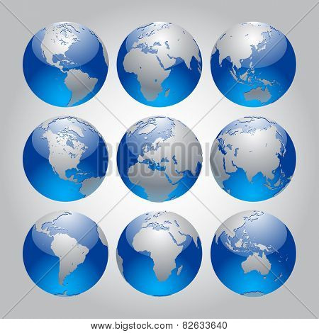 Set of silver and blue Earth in different views of the continents. Modern Globe icon set. Vector design elements