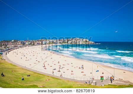 People relaxing on the Bondi beach in Sydney, Australia. Bondi beach is one of the most famous beach in the world. 