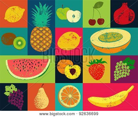 Pop Art grunge style fruit poster. Collection of retro fruits. Vintage vector set of fruits.