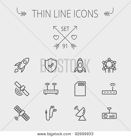 Technology thin line icon set for web and mobile. Set includes - start up, satellite, shield, router, wifi, earphone, memory card, radar. Modern minimalistic flat design. Vector dark grey icon on