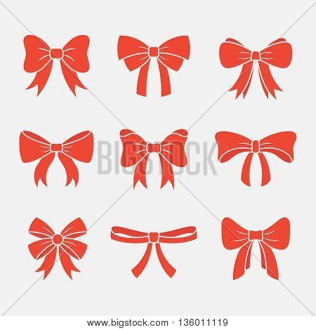 Bows with ribbons vector set isolated on white background. Icons holiday gift bows in flat style. Simple silhouettes decorative red bows with ribbons.