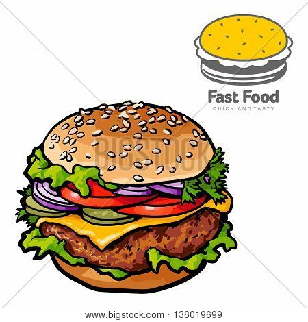 tasty burger with a logo sketch vector illustration of logo isolated on white background, sketch tasty and juicy hamburger close-up with a chop, cheese and vegetables isolated, logo for fast-food cafe