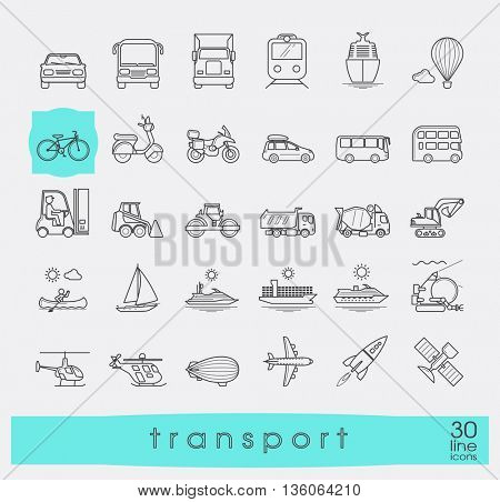 Set of transportation icons. Various means of transportation road, rail, air, water transport. Various types of  vehicles. Collection of line vector icons.