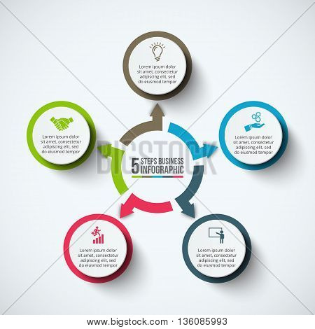 Vector infographic design template. Business concept with 5 options, parts, steps or processes. Can be used for workflow layout, diagram, number options, web design. Data visualization.