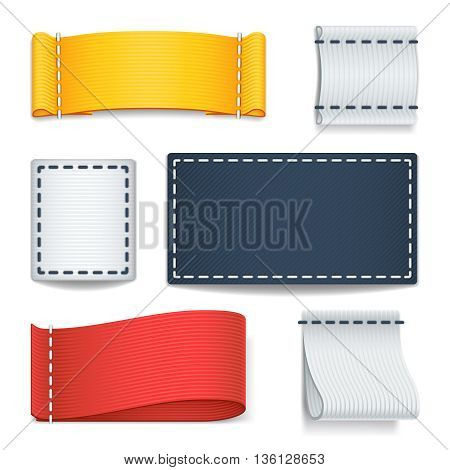 Realistic color blank fabric labels, badges with stitching vector set. Label fabric with stitch, illustration tag fabric for clothes