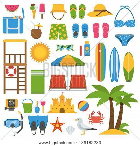 Summer beach items collection. Summertime sea vacation vector icon set. Sunbathing accessories and outdoor activity beaches elements. Marine sports and leisure symbols. Tropical holidays icons.