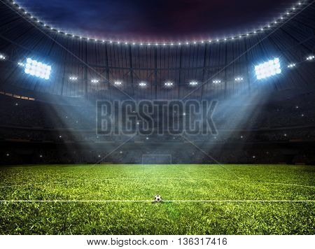 3d rendering of sport concept background - soccer footbal stadium with floodlights. Grass fooball pitch soccer ball with mark up and goal with net