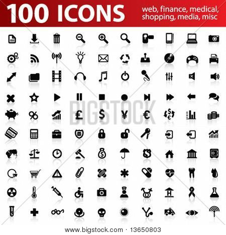 Hundred vector Icons for Web Applications. Web, medical, media, shopping and other.