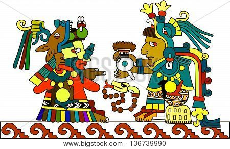 A stylized drawing of the ancient American Indians. The Aztecs, Mayans, Incas. Indian priest passes the hot chocolate. Vector illustration.