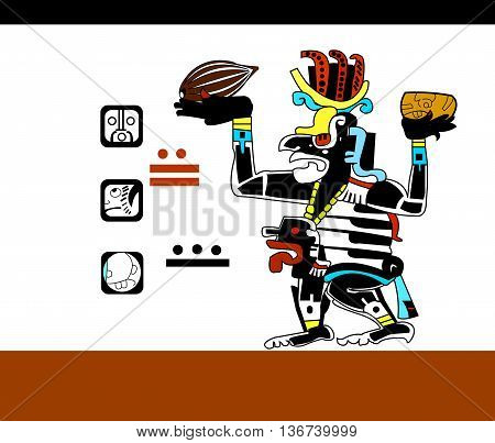 Cocoa beans and a cup of hot chocolate in the hands of the priest. Ethnic pattern of American Indians: the Aztecs, the Mayans, the Incas. Vector illustration